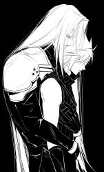 2boys 3_3lecho absurdres black_background black_gloves closed_eyes closed_mouth cloud_strife final_fantasy final_fantasy_vii final_fantasy_vii_advent_children gloves hand_on_another&#039;s_chest highres hug hug_from_behind long_hair male_focus multiple_boys sephiroth short_hair sleeveless sleeveless_turtleneck spiked_hair turtleneck yaoi