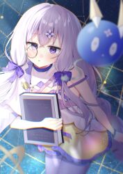 1girl :o arcaea bare_shoulders book bow braid charon_(arcaea) collar dress from_above hair_between_eyes hair_ornament highres holding holding_book jacket lagrange_(arcaea) long_hair mayoyoriketyaha monocle purple_bow purple_eyes purple_hair sidelocks single_braid solo twintails white_jacket yellow_dress