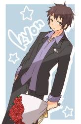 Rule 34 | 00s, 1boy, bouquet, brown eyes, brown hair, flower, formal clothes, kyon, male focus, rose, short hair, solo, suit, suzumiya haruhi-chan no yuuutsu, suzumiya haruhi no yuuutsu, taiki (6240taiki)