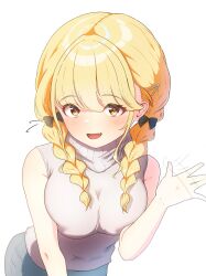 1girl absurdres aged_up alternate_costume black_bow blonde_hair blush bow braid breasts commentary_request dated_commentary fang fujita_kotone gakuen_idolmaster grey_sweater hair_bow highres idolmaster large_breasts leaning_forward long_hair looking_at_viewer seisel simple_background skin_fang sleeveless sleeveless_sweater smile solo sweater twin_braids waving_hands white_background yellow_eyes