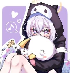 1girl animal_ears animal_hood artist_request azusa_(blue_archive) black_hoodie blue_archive blush cat_hood fake_animal_ears hair_between_eyes holding holding_toy hood hood_up hooded_jacket hoodie jacket looking_at_viewer multicolored_eyes purple_eyes simple_background sitting solo stuffed_toy toy white_hair