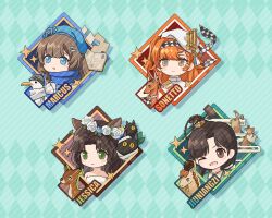 &gt;_o 4girls :o absurdres animal_ears animalization argyle_background beret bird black_hair blue_eyes blue_hat blue_scarf book brown_hair carbuncle_(reverse:1999) character_name checkered_hairband chibi deer deer_ears deer_girl dog dress flower flower_wreath green_background green_eyes grey_eyes greyhound hair_bun hairband hat head_wreath highres horse jessica_(reverse:1999) jiu_niangzi long_hair marcus_(reverse:1999) multiple_girls one_eye_closed open_book open_mouth person_and_animalization portrait reverse:1999 sash scarf seagull shirt single_side_bun slms_(slms4) smile sonetto_(parade_anthem)_(reverse:1999) sonetto_(reverse:1999) sparkle statuette strapless strapless_shirt watermark watermark_grid white_dress white_flower white_hat yellow_sash