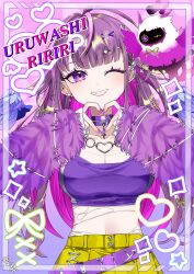 1girl absurdres belt bird blue_wings blush breasts character_name choker cleavage colored_inner_hair commentary_request cowboy_shot detached_wings earrings feathered_wings fingernails four-finger_heart_hands fur_sleeves grin hair_ornament hairclip heart heart_hands heart_necklace highres jewelry long_hair looking_at_viewer medium_breasts midriff multicolored_hair nanashi_inc. navel necklace one_eye_closed purple_background purple_belt purple_choker purple_eyes purple_hair purple_nails purple_sleeves purple_sports_bra skirt smile solo sports_bra tamotsu_(mary) uruwashi_ririri virtual_youtuber wings x_hair_ornament yellow_skirt