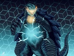 artist_name blue_electricity blue_eyes breath_weapon breathing_fire claw_mark claws electricity energy engi_(animation_studio) fire gamera gamera_(series) gamera_-rebirth- giant giant_monster glowing glowing_eyes glowing_throat godzuky01 green_electricity green_eyes grid_background highres kadokawa kaiju monster multicolored_eyes night no_humans open_mouth plasma sharp_teeth signature sky star_(sky) starry_sky tail teeth turtle tusks two-tone_eyes