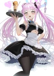 Rule 34 | 1girl, :d, absurdres, alternate costume, alternate hairstyle, apron, bare shoulders, black dress, black pantyhose, black sleeves, blue archive, blush, breasts, cleavage, clothing cutout, commentary request, detached sleeves, double bun, dress, frilled apron, frills, hair bun, halo, hand on own hip, hand up, heart, highres, holding, holding tray, large breasts, long hair, looking at viewer, mika (blue archive), open mouth, pantyhose, pink halo, puffy short sleeves, puffy sleeves, short sleeves, sleeveless, sleeveless dress, smile, solo, tray, twintails, underboob cutout, very long hair, waist apron, wanderlucia, white apron, yellow eyes