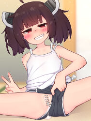 1girl aftersex ahoge bar_censor blush_stickers brown_hair camisole censored clothing_aside cum cum_in_pussy dolphin_shorts grin highres loli looking_at_viewer medium_hair miriota no_panties pussy red_eyes shorts shorts_aside sitting smile solo spread_legs touhoku_kiritan twintails v voiceroid
