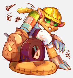 Rule 34 | absurdres, claws, digimon, digimon (creature), helmet, highres, junkmon, smile, solo, teeth