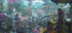 2girls brown_hair building city cityscape coat dlkdhy highres multiple_girls original outdoors plant scenery science_fiction short_hair standing white_hair