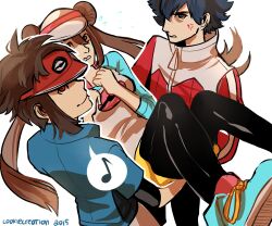 Rule 34 | 1girl, 2015, 2boys, absurdres, anger vein, brown hair, carrying, cookiesketches, flying sweatdrops, highres, hugh (pokemon), looking at viewer, multiple boys, musical note, nate (pokemon), nintendo, pokemon, pokemon adventures, princess carry, raglan sleeves, red eyes, rosa (pokemon), signature, spoken musical note, sweat, visor cap