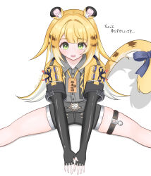absurdres animal_ears black_gloves black_shirt black_shorts blonde_hair cropped_jacket elbow_gloves fang fingerless_gloves gloves green_eyes highres jacket ju_fufu leo25_k looking_at_viewer multicolored_hair o-ring o-ring_thigh_strap open_mouth shirt shorts smile solo tail thigh_strap tiger_ears tiger_girl tiger_tail two-tone_hair white_hair yellow_jacket zenless_zone_zero