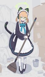 Rule 34 | 1girl, absurdres, animal ear headphones, animal ears, apron, aqua bow, aqua bowtie, bespectacled, black boots, black dress, black tail, block heels, blonde hair, blue archive, blunt bangs, boots, bottle, bow, bowtie, box, broom, bucket, cardboard box, cat ear headphones, cat ears, cat tail, cleaning rag, closed mouth, collared dress, commentary, contrast collar, cup, disposable coffee cup, disposable cup, dress, fake animal ears, fake tail, frilled apron, frilled dress, frills, full body, glasses, green-framed eyewear, green eyes, green halo, hair bow, halo, headphones, highres, holding, holding broom, long sleeves, looking at viewer, maid, maid apron, maid headdress, making-of available, medium hair, midori (blue archive), midori (maid) (blue archive), number print, official alternate costume, official alternate hairstyle, pantyhose, papaia (quentingqoo), parted bangs, pigeon-toed, puffy long sleeves, puffy sleeves, shadow, short twintails, sidelocks, solo, standing, sweatdrop, tail, tail raised, trash bag, twintails, water bottle, white apron, white bow, white headdress, white pantyhose