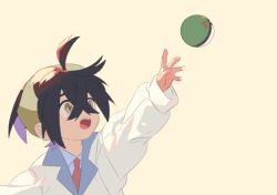 1boy :o black_hair blue_shirt collared_shirt commentary_request crossed_bangs ebi_(shrimp_eleven) friend_ball hair_between_eyes hairband jacket kieran_(pokemon) long_sleeves male_focus necktie nintendo open_mouth outstretched_hand poke_ball pokemon pokemon_sv red_necktie shirt short_hair solo tearing_up teeth tongue upper_body upper_teeth_only white_jacket yellow_background yellow_eyes yellow_hairband