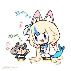 Rule 34 | +++, 2girls, :3, :d, angry, animal ear fluff, animal ears, blonde hair, blue eyes, blue streaks, blush, brown hair, cat ears, chibi, commentary, dress, english commentary, fang, fins, fish girl, fish tail, green dress, hands on own knees, hat, height, height difference, highres, indie virtual youtuber, leaning forward, lifebuoy hair ornament, long hair, long sleeves, low twintails, medium hair, multicolored hair, multiple girls, nimi nightmare, nurse cap, one side up, open mouth, pointing, pointing at another, puff of air, sameko saba, shibedraws, sidelocks, simple background, sleeveless, smile, streaked hair, tail, tapir ears, tapir girl, twintails, twitter username, two-tone hair, v-shaped eyebrows, very long hair, virtual youtuber, white background, white dress