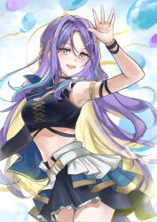 1girl arm_up arm_warmers black_arm_warmers black_choker blonde_hair blue_hair bracelet breasts choker colored_inner_hair crop_top facial_tattoo gold_armlet gradient_hair hair_ornament half_capelet highres hololive hololive_indonesia jewelry long_hair looking_at_viewer moona_hoshinova moona_hoshinova_(work) multicolored_hair official_alternate_costume open_mouth purple_eyes purple_hair saikako single_arm_warmer skirt tattoo too_many_balloons virtual_youtuber
