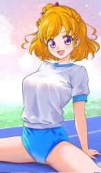 Rule 34 | 1girl, asahina mirai, blonde hair, blue buruma, blush, breasts, buruma, gradient background, grass, gym shirt, gym uniform, highres, kakikakilemon, large breasts, looking at viewer, mahou girls precure!, medium hair, open mouth, outdoors, precure, purple eyes, running track, shirt, short sleeves, smile, solo, spread legs, white shirt