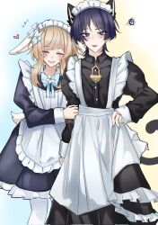 1boy 1girl alternate_costume animal_ears apron arm_at_side black_collar black_dress black_eyes black_hair black_sleeves blonde_hair blue_bow blue_bowtie blue_flower blunt_ends blush bow bowtie bright_pupils cat_boy cat_ears cat_tail closed_eyes collar couple crossdressing crossdressing_(mtf) dress enmaided eyelashes facing_viewer flower frilled_dress frills genshin_impact hair_flower hair_ornament height_difference hetero highres holding_another&#039;s_arm juliet_sleeves large_bow long_sleeves looking_at_viewer lumine_(genshin_impact) maid maid_apron maid_headdress male_maid matching_outfits multicolored_flower nicbuns pantyhose parted_bangs parted_lips pink_lips puffy_sleeves rabbit_ears rabbit_girl rabbit_tail scaramouche_(genshin_impact) short_hair short_hair_with_long_locks side-by-side sidelocks smile squiggle tail tongue tongue_out tsurime white_apron white_flower white_headdress white_mouth white_pantyhose white_pupils white_sleeve_cuffs wing_collar