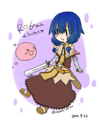 &gt;_&lt; 1girl :3 belt blue_hair blush brown_belt brown_capelet brown_dress brown_shoes capelet chest_guard commentary_request dated dress floral_print full_body gun hair_tubes holding holding_sword holding_weapon medium_hair nayuruonline open_mouth poring ragnarok_online rose_print shoes slime_(creature) solo sword swordsman_(ragnarok_online) weapon white_background