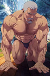 Rule 34 | 1boy, abs, ai-generated background, all fours, bara, barefoot, chest hair, facial hair, go gun-hee, goatee, grey eyes, grey hair, highres, large pectorals, looking at viewer, male focus, male underwear, mature male, multiple scars, muscular, muscular male, mustache, navel, nipples, old, old man, paid reward available, pectorals, ryans, scar, short hair, solo, solo leveling, thick thighs, thighs, topless male, underwear, underwear only, variant set, veins, veiny arms, wrinkled skin