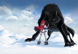 1girl artic blonde_hair blue_eyes cloud female_focus full_body little_red_(studioqube) lowres outdoors sky snow solo standing wolf