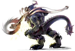 10s armor bad_id bad_pixiv_id behemoth final_fantasy final_fantasy_xiii full_body highres monster nejita no_humans profile red_eyes sharp_teeth simple_background solo standing sword teeth weapon white_background
