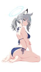 1girl :/ absurdres alternate_costume animal_ear_fluff animal_ears aqua_halo arched_back arched_soles ass asymmetrical_sidelocks back bikini blue_archive blue_bikini breasts c-r-carlos closed_mouth commentary cross cross_hair_ornament earrings feet full_body grey_hair hair_behind_ear hair_ornament halo hand_on_own_arm highres inverted_cross jewelry legs looking_at_viewer medium_hair official_alternate_hairstyle ponytail seiza shiroko_(blue_archive) side-tie_bikini_bottom sideboob sidelocks simple_background sitting soles stud_earrings swimsuit thighs toes turning_head white_background wolf_ears