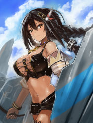 1girl areola_slip azur_lane bangle bare_shoulders black_hair black_shorts blush bracelet braid breasts closed_mouth cloud cloudy_sky cowboy_shot crop_top dark-skinned_female dark_skin day edobox expressionless feather_hair_ornament feathers female_focus floating_hair hair_between_eyes hair_ornament holding holding_shield jewelry large_breasts lips long_hair looking_at_viewer navel necklace outdoors shield shiny_skin short_shorts shorts sky solo south_dakota_(azur_lane) standing stomach tri_braids tsurime wind