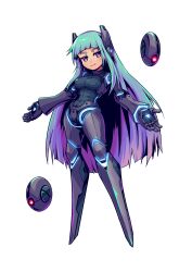 1girl android aqua_hair artist_request bodysuit breasts drone full_body gradient_hair headgear highres joints large_breasts long_hair looking_at_viewer multicolored_hair neon_trim no._unique no_feet official_art purple_eyes purple_hair robot_joints science_fiction second-party_source smile solo super_alloy_ranger transparent_background very_long_hair