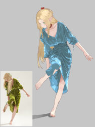 1girl aqua_dress barefoot blonde_hair braid braided_sidelocks choker closed_mouth commentary_request cosplay dress dungeon_meshi elf feet forehead full_body green_dress green_eyes grey_background half_up_braid highres leg_up light_blush long_hair looking_down marcille_donato marcille_donato_(cosplay) photo-referenced photo_inset pointy_ears red_choker reference_inset sandals shadow simple_background solo standing standing_on_one_leg tang_sanjiao toes v-neck very_long_hair