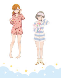 2girls artbook barefoot blue_eyes cup full_body grey_hair highres holding holding_cup long_hair looking_at_viewer love_live! love_live!_superstar!! mug multiple_girls non-web_source one_eye_closed orange_hair pajamas pink_pajamas pink_shorts purple_eyes rubbing_eyes shibuya_kanon shorts smile striped_clothes striped_shorts stuffed_animal stuffed_toy tang_keke