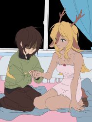 1girl 1other absurdres animal_ears antlers black_shirt blonde_hair brown_pants collared_shirt commentary_request deer_antlers deer_ears deer_girl deer_tail deltarune furry furry_female green_sweater grey_eyes highres hooves horns jewelry korean_commentary kris_(deltarune) night noelle_holiday pants red_eyes ring shirt short_tail sitting sleepwear sukhee_pk sweater tail thorn_ring_(deltarune) thorns weird_route_(deltarune) window