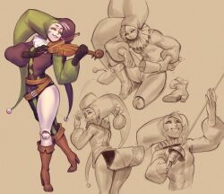 Rule 34 | 1girl, absurdres, ass, belt, black gloves, black hat, boots, brown belt, brown boots, full body, gloves, green eyes, green hat, green jacket, hat, highres, holding, holding sword, holding weapon, instrument, jacket, jester cap, knee boots, multiple views, music, ocorvo r, original, playing instrument, simple background, smile, sword, teeth, violin, weapon