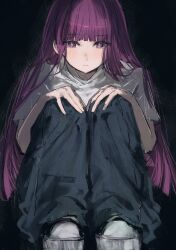 1girl blunt_bangs blush closed_mouth denim fern_(sousou_no_frieren) hands_on_own_knees highres jeans long_hair looking_at_viewer moku_(muooku) pants purple_eyes purple_hair shirt shoes short_sleeves sidelocks solo sousou_no_frieren squatting t-shirt white_shirt white_shoes