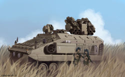 2girls animal_ears artist_name assault_rifle black_hair blue_sky cat_ears cloud commentary dated dead-robot grass gun holding holding_gun holding_weapon long_hair looking_at_viewer military military_vehicle missile_pod mixed-language_commentary multiple_girls original outdoors rifle scenery short_hair sky twitter_username vehicle_focus watermark weapon
