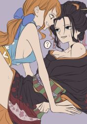 02mikan 2girls ? bare_shoulders black_hair black_kimono blue_bow blue_eyes blue_kimono bow breasts brown_eyes commentary_request eye_contact eyelashes floral_print floral_print_kimono hair_bow hair_ornament highres japanese_clothes kanzashi kimono looking_at_another multiple_girls nami_(one_piece) nami_(one_piece)_(wano) nico_robin nico_robin_(wano) obi off_shoulder official_alternate_costume one_piece orange_hair ponytail print_kimono purple_background sash short_kimono sideboob sidelocks sleeveless sleeveless_kimono smile spoken_question_mark striped_sash sweat sweatdrop thighs yellow_sash yuri