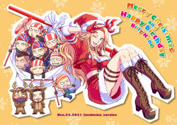 1girl antlers bandana billy_kane boots christmas english_text fatal_fury fur-trimmed_headwear fur_trim genderswap genderswap_(mtf) gift gloves hands_on_own_hips hat highres holding holding_sack horns kisaragi_eiji lace-up_boots makeinu multiple_boys multiple_persona pretty_billy_kane red_gloves robert_garcia sack santa_boots santa_claus santa_costume santa_hat snk the_king_of_fighters the_king_of_fighters_&#039;95 the_king_of_fighters_&#039;97 the_king_of_fighters_2003 the_king_of_fighters_all-stars the_king_of_fighters_for_girls the_king_of_fighters_xiv three_section_staff