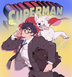 1boy animal arm_up bag ball belt ben-day_dots bhedoods black-framed_eyewear black_bag black_belt black_hair black_necktie black_pants black_shoes black_suit blue_eyes blush cape clark_kent closed_mouth collared_shirt commentary copyright_name cowboy_shot dc_comics dc_universe_(franchise) dog english_commentary fingernails formal_clothes frown glasses highres holding holding_bag jacket krypto_the_superdog layered_sleeves long_sleeves looking_to_the_side male_focus necktie one_eye_closed open_clothes open_jacket pants red_cape screentones semi-rimless_eyewear shirt shirt_tucked_in shoes short_hair short_sideburns solo suit suit_jacket superman_(2025) superman_(series) sweatdrop tennis_ball tongue tongue_out white_dog white_shirt wing_collar
