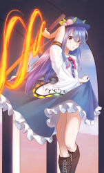 Rule 34 | 1girl, black hat, blue hair, blue skirt, boots, bow, bowtie, brown boots, food, fruit, hat, hinanawi tenshi, lace-up boots, leaf, long hair, peach, pita (pitaani-223), red bow, red bowtie, red eyes, shirt, skirt, sword, sword of hisou, touhou, weapon, white shirt