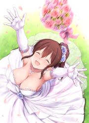 1girl armpits arms_up bare_shoulders blush bouquet breasts bride brown_hair cai_geng cleavage closed_eyes collarbone dress elbow_gloves flower from_above gloves hair_between_eyes hair_flower hair_ornament highres idolmaster idolmaster_million_live! jewelry large_breasts long_hair necklace open_mouth ponytail ring rose satake_minako smile solo strapless strapless_dress throwing wedding_dress wedding_ring white_dress white_gloves