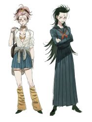 Rule 34 | 2girls, alternate costume, animal print, black hair, black serafuku, black skirt, blue skirt, bra, bra peek, candy, casual, clothes around waist, collar, cross, cross earrings, crossed arms, delinquent, dual persona, ear piercing, earrings, extra eyes, facial tattoo, fallsoki, food, forehead tattoo, genderswap, genderswap (mtf), grin, gyaru, hair pulled back, high ponytail, highres, jewelry, jujutsu kaisen, kogal, leg warmers, lollipop, long hair, long skirt, mouth hold, multicolored hair, multiple girls, neckerchief, piercing, pink hair, pleated skirt, ponytail, red eyes, red neckerchief, ryoumen sukuna (jujutsu kaisen), school uniform, scrunchie, serafuku, shirt, skirt, sleeves rolled up, smile, sukeban, sweater, sweater around waist, tattoo, tiger print, two-tone hair, unbuttoned, unbuttoned shirt, underwear, updo, white shirt, wrist tattoo