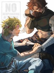 2boys aqua_shirt bandaged_arm bandages battle_tendency belt black_belt black_gloves black_shirt blonde_hair blood blood_on_face brown_belt brown_eyes brown_hair caesar_anthonio_zeppeli commentary crop_top denim facial_mark feather_hair_ornament feathers fingerless_gloves gloves green_eyes hair_ornament headband highres jeans jojo_no_kimyou_na_bouken joseph_joestar joseph_joestar_(young) looking_at_another looking_to_the_side male_focus midriff multiple_boys navel open_fly pants shirt short_hair sitting smoking tight_top togusa_jj torn_clothes torn_jeans torn_pants triangle_print watermark white_background wiping_face