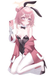 1girl absurdres adapted_costume alternate_costume amerika_neko animal_ear_hairband animal_ears bare_shoulders between_legs black_bow black_bowtie black_hairband black_leotard black_shoes blue_archive blush bow bowtie breasts breasts_apart bright_pupils cellphone closed_mouth coat coat_partially_removed collarbone commentary covered_navel detached_collar double-parted_bangs fake_animal_ears frown full_body gloves groin hair_between_eyes hair_bun hairband halo hand_between_legs hand_up high_heels highleg highleg_leotard highres holding holding_phone kneeling knees_together_feet_apart leotard long_sleeves looking_at_viewer medium_hair official_alternate_costume official_alternate_hairstyle open_clothes open_coat pantyhose phone pink_eyes pink_hair playboy_bunny rabbit_ears red_coat selfie serina_(blue_archive) serina_(christmas)_(blue_archive) shoes shy simple_background single_side_bun small_breasts smartphone solo split_mouth strapless strapless_leotard white_background white_gloves white_pantyhose white_wrist_cuffs wide_sleeves wrist_cuffs yellow_halo