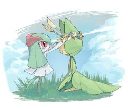 2girls aliasing antennae arms_up arthropod_girl blue_flower blue_sky blush border closed_eyes closed_mouth cloud colored_skin creatures_(company) day female_focus flat_chest flower flower_wreath from_side full_body game_freak gen_3_pokemon gen_5_pokemon grass green_hair green_skin happy head_wreath height_difference highres kirlia kneeling leavanny leg_up light_blush long_hair multicolored_skin multiple_girls nintendo no_feet outdoors outstretched_arms pokemon pokemon_(creature) profile red_eyes sidelocks sitting sky smile sok_(mr14_c) standing standing_on_one_leg two-tone_skin u_u white_border white_flower white_skin yellow_flower yellow_skin