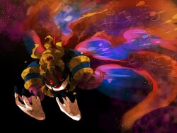 1boy armlet black_background blue_horns commentary_request crying crying_with_eyes_open demon_wings disembodied_hand extra_ears gloves horns jewelry kirby_(series) large_horns looking_at_hand magolor magolor_soul master_crown multicolored_horns nintendo no_humans purple_horns rayman_limbs red_eyes red_wings sad_smile shirushiki solid_oval_eyes solo tears two-tone_horns white_gloves wings yellow_headwear