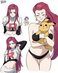 2girls absurdres bikini black_bikini breasts dashi_(dashiart) gen_1_pokemon genderswap genderswap_(mtf) highres james_(pokemon) james_(pokemon_ep018) jessie_(pokemon) long_hair multiple_girls navel nintendo pikachu pokemon pokemon_(anime) red_hair simple_background swimsuit white_background