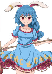 1girl animal_ears blue_dress chups closed_mouth collarbone cowboy_shot crescent_print dress earclip highres kine long_hair looking_at_viewer mallet rabbit_ears red_eyes seiran_(touhou) short_sleeves simple_background smile solo standing star_(symbol) star_print touhou v-shaped_eyebrows white_background