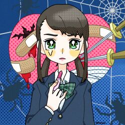Rule 34 | 1girl, bandaid, blood, blue background, blue jacket, blush stickers, bow, brown hair, bug, closed mouth, cosmetics, fujishima moyu, green eyes, highres, holding, holding lipstick tube, jacket, lipstick, lipstick tube, long hair, long sleeves, looking at viewer, makeup, original, pink lips, pink lipstick tube, plaid bow, school uniform, shirt, spider, sword, tears, weapon, white shirt