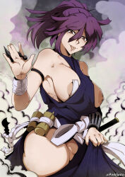 1girl :p areola_slip artist_name bandaid bandaids_on_nipples bare_hips bare_shoulders between_breasts blue_bodysuit bodysuit bodysuit_aside breasts brown_eyes closed_mouth clothes_between_breasts clothing_aside cowboy_shot eyebrows eyelashes female_focus from_side hand_up hip_vent japanese_clothes jigokuraku kunai ninja large_breasts looking_at_viewer looking_to_the_side medium_hair no_panties orphen_(pink_seito) pasties ponytail presenting purple_hair sleeveless sleeveless_bodysuit smile smoke smug solo standing thighs tongue tongue_out weapon wide_hips yuzuriha_(jigokuraku)