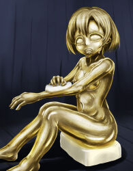 Rule 34 | blank eyes, blonde hair, bodypaint, clenched teeth, colored eyelashes, completely nude, facepaint, gold paint, gold skin, highres, idolmaster, idolmaster cinderella girls, indoors, metal skin, nude, petrification, scared, shiny skin, shiragiku hotaru, tears, teeth, yaneura (yaneur)