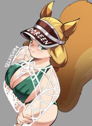 1girl animal_ears artist_name breasts brown_hair brown_tail cleavage green_eyes grey_background highres large_breasts long_hair looking_at_viewer marvel marvel_rivals official_alternate_costume selvish94 simple_background solo squirrel_ears squirrel_girl squirrel_girl_(marvel) squirrel_girl_(sunshine_squirrel)_(marvel) squirrel_tail tail visor_cap