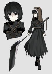 1girl absurdres asdf1211950 belt black_dress black_eyes black_footwear black_hair black_souls boots brown_belt brown_veil dress full_body grey_background highres holding holding_weapon miranda_(black_souls) multiple_views short_hair sidelocks simple_background weapon